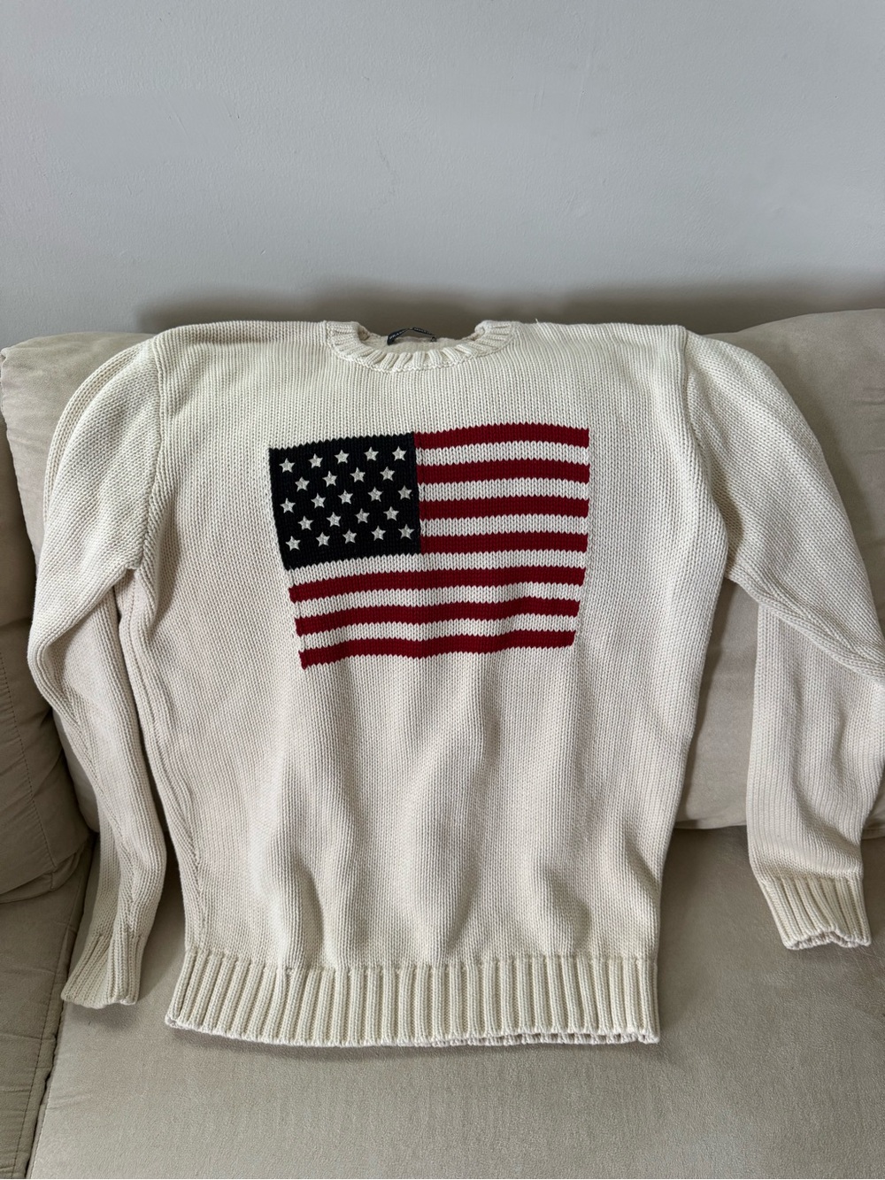 Brandy Melville Cream Crewneck Sweater with Red & Blue Flag